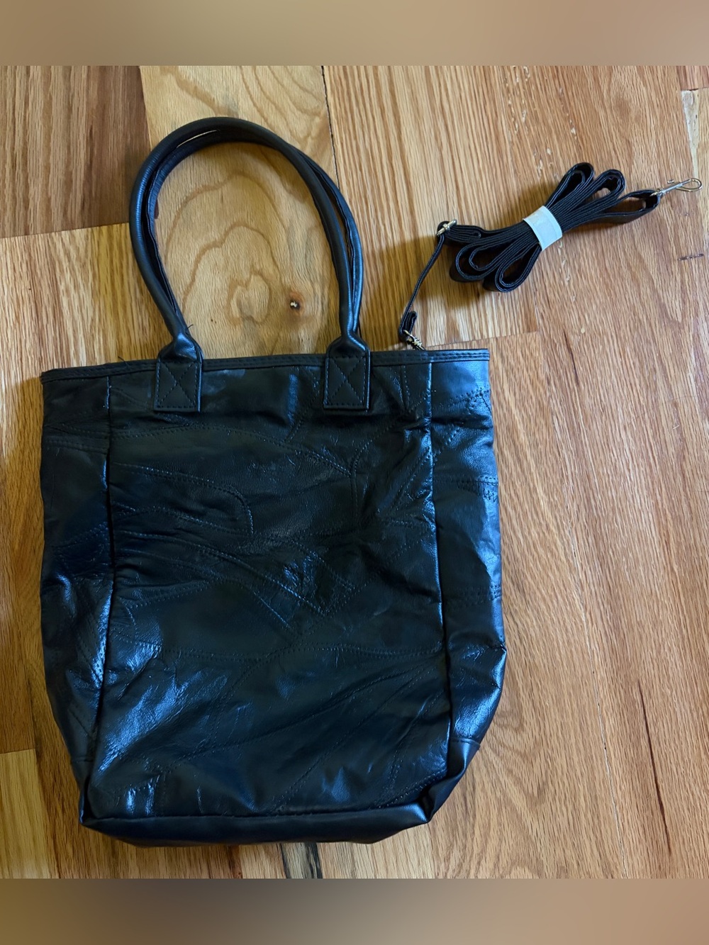 Patches Black Leather Tote Bag with Removable Strap - Women's Carryall